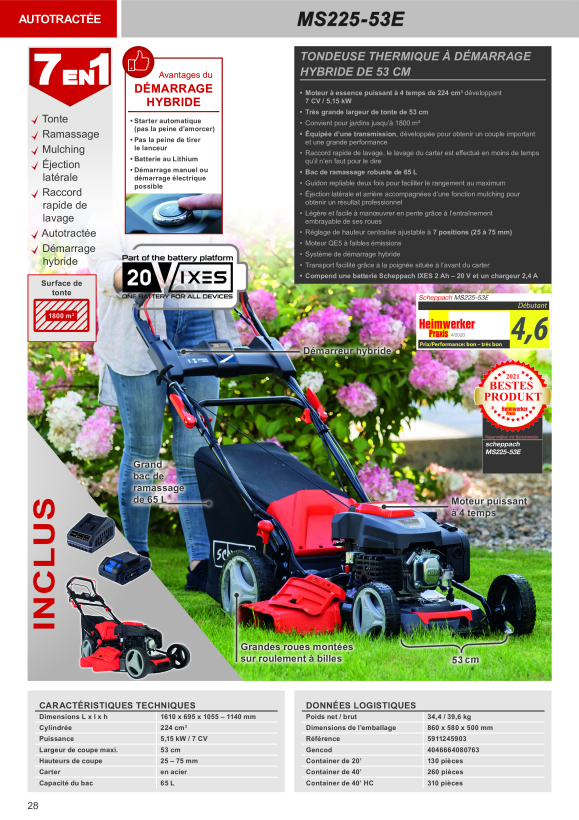 Scheppach 53 cm 224 cc 7 PS Benzin-Rasenmäher mit Radantrieb & Elektro-Start 5911245903
