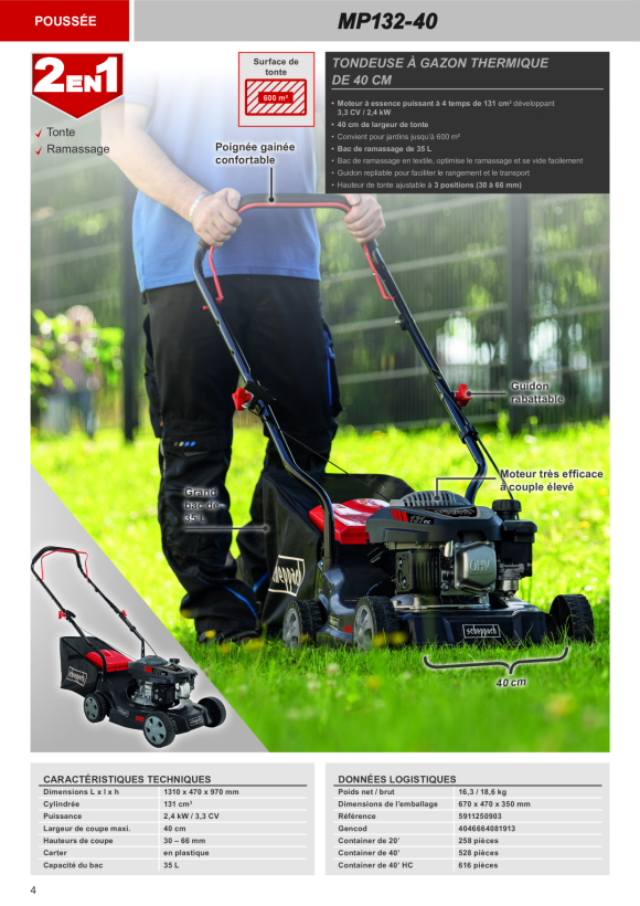 Scheppach 40 cm 131 cc 3,4 PS Benzin-Rasenmäher 5911250903
