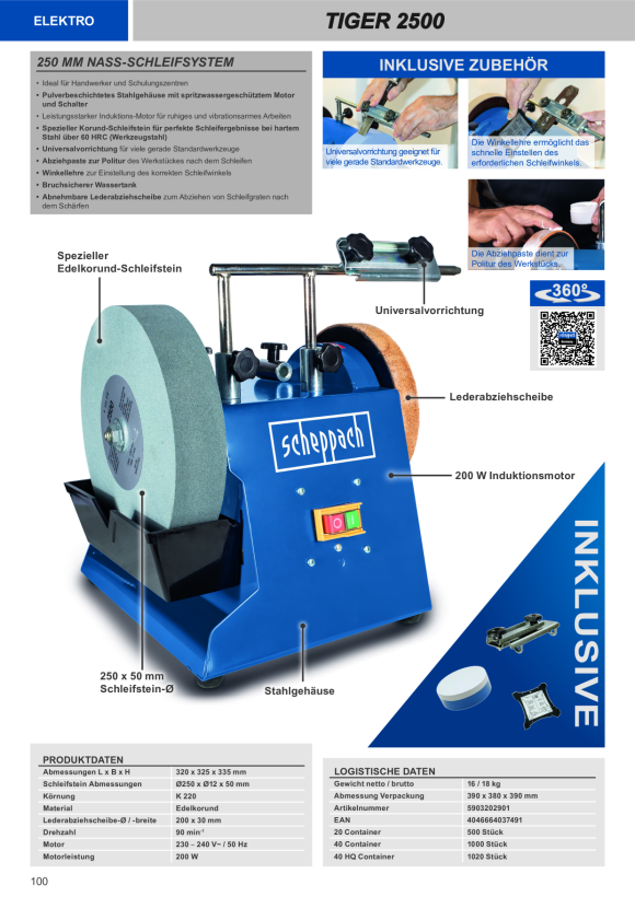 Scheppach Nass-Schleifsystem 250 mm mit Universal-Schleifvorrichtung 70, Winkellehre, Abziehpaste 5903202901