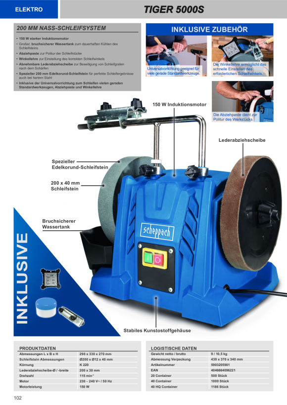Scheppach Nass-Schleifsystem 200mm Universal-Schleifvorrichtung 70, Winkellehre, Abziehpaste 5903205901