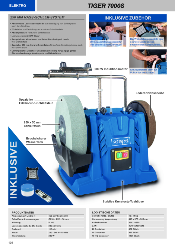 Scheppach Nass-Schleifsystem 250mm Universal-Schleifvorrichtung 70, Winkellehre, Abziehpaste 5903206901