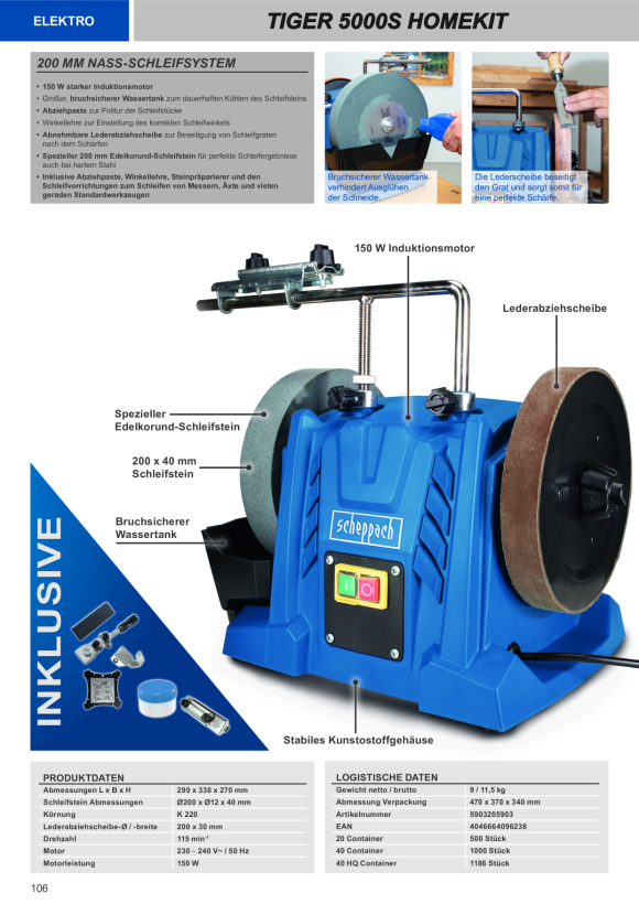 Scheppach Nass-Schleifsystem 200mm Universal-Schleifvorrichtung 70, Winkellehre, Abziehpaste inkl. Homekit 5903205903