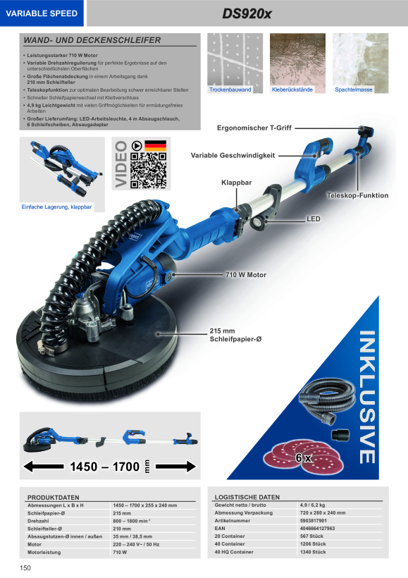 Scheppach Wand- und Deckenschleifer 225 mm inkl. variabler Geschwindigkeit, Teleskoparm, LED & 6tlg. Schleifset 5903817901