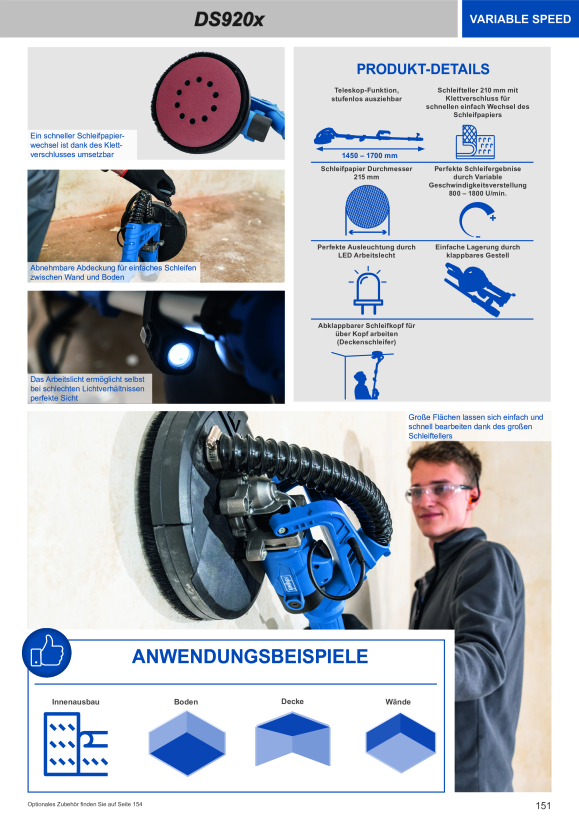 Scheppach Wand- und Deckenschleifer 225 mm inkl. variabler Geschwindigkeit, Teleskoparm, LED & 6tlg. Schleifset 5903817901