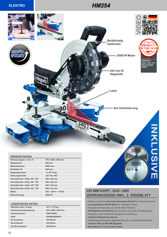 Scheppach Kapp-Zugsäge 255 mm inkl. 2. Sägeblatt 5901216901