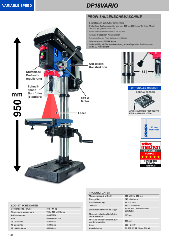 Scheppach Profi-Säulenbohrmaschine 16 mm, 550W, stufenlose Geschwindigkeits-Regulierung, Laser, LED Arbeitslicht, Gusseisen-Konstruktion 5906807901