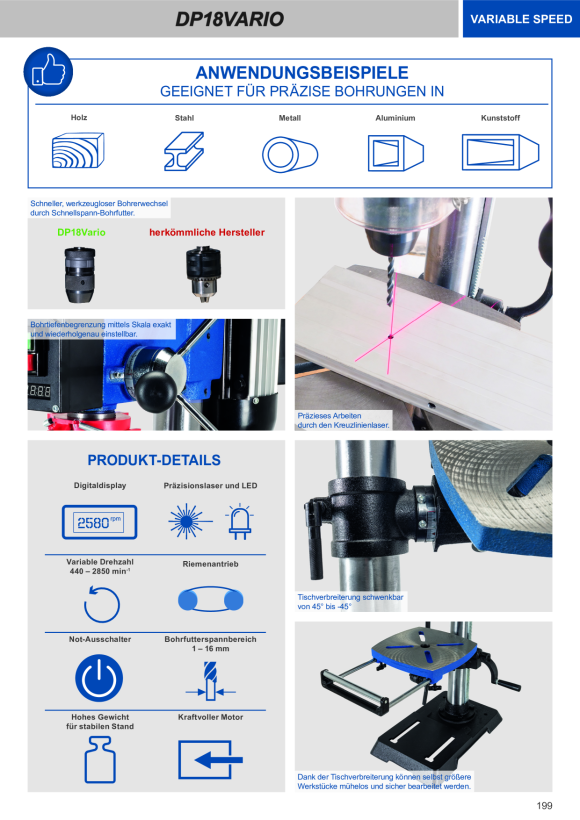 Scheppach Profi-Säulenbohrmaschine 16 mm, 550W, stufenlose Geschwindigkeits-Regulierung, Laser, LED Arbeitslicht, Gusseisen-Konstruktion 5906807901