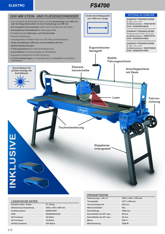 Scheppach Fliesenschneider 1200 mm inkl. Laser, Fahrvorrichtung, 2 Tischverbreiterungen 5906707901