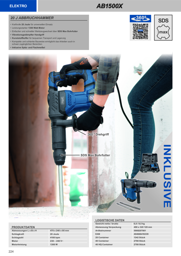 Scheppach Abbruchhammer 20 Joule inkl. SDS-Max Spannsystem, Spitz- und Flachmeissel & Transportkoffer 5908207901