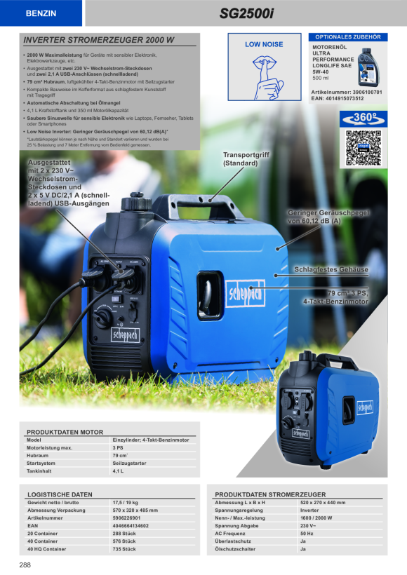 Scheppach Inverter-Stromgenerator 2000W inkl. 2x 230V-Anschluss, 2x 5V DC/USB-Schnelllade-Anschluss 5906226901