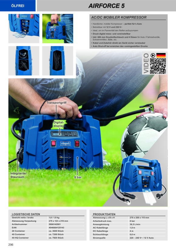 Scheppach Mobiler Minikompressor 12V/230V Anschluss inkl. 5 tlg. Zubehörset 5906142901
