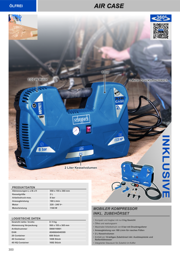 Scheppach Mobiler Kompressor 2 L, 8 bar, 1,1kW, inkl. Zubehör, 5 m Druckluftschlauch 5906118901