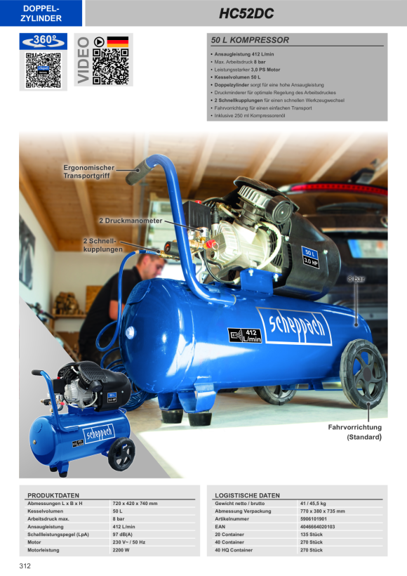 Scheppach Kompressor 50 L, 8 bar, 2,2 kW, Doppelzylinder, Ölgeschmiert 5906101901