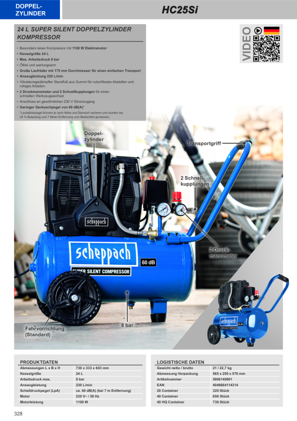 Scheppach Silent Kompressor 24L, 8 bar, 1,1kW, Doppelzylinder, Ölfrei 5906140901