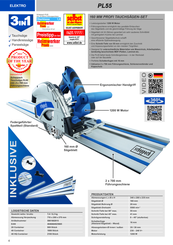 Scheppach Tauchsäge 160 mm inkl. 2x 700 mm Führungsschiene, Schienenverbinder & Kippschutz 5901802915