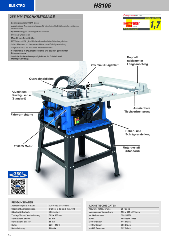 Scheppach Tischkreissäge 255 mm inkl. Tischverbreiterung, Untergestell 5901308901
