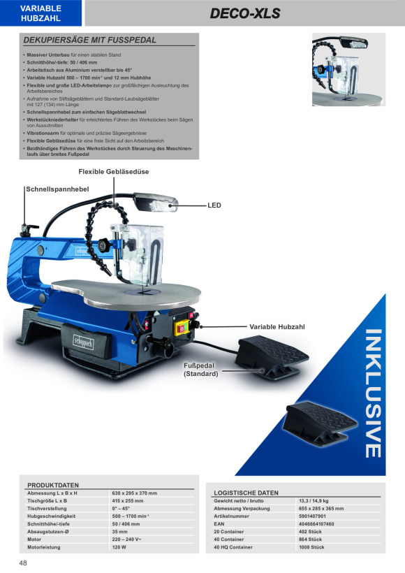 Scheppach Dekupiersäge 406 mm inkl. Variabler Drezahl, LED, Fußschalter 5901407901
