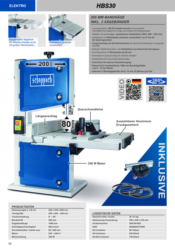 Scheppach Bandsäge 200 mm inkl. 3 Sägebändern, Querschneidlehre 5901501905