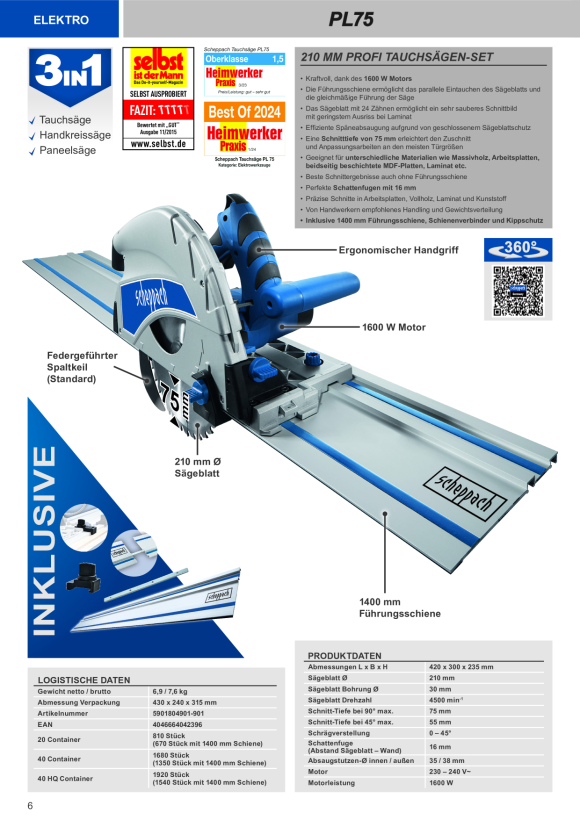 Scheppach Tauchsäge 210 mm inkl. 1400 mm Führungsschiene, Schraubzwingen, Rückschlagsicherung & Schienenverbinder 5901804901-901