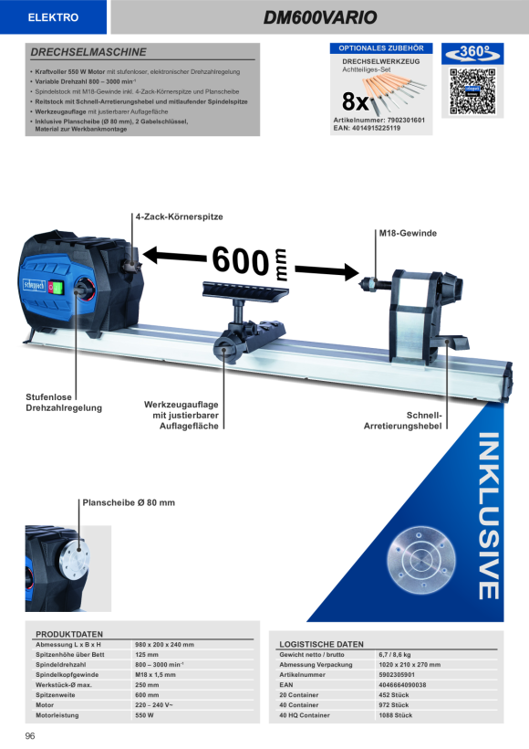 Scheppach Drechselbank 600 mm, Stufenlose Drehzahlregelung 5902305901