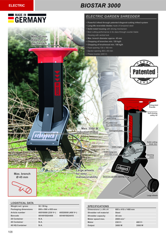 Scheppach 3000 W Elektro-Gartenhäcksler inkl. Fahrvorrichtung 40510000
