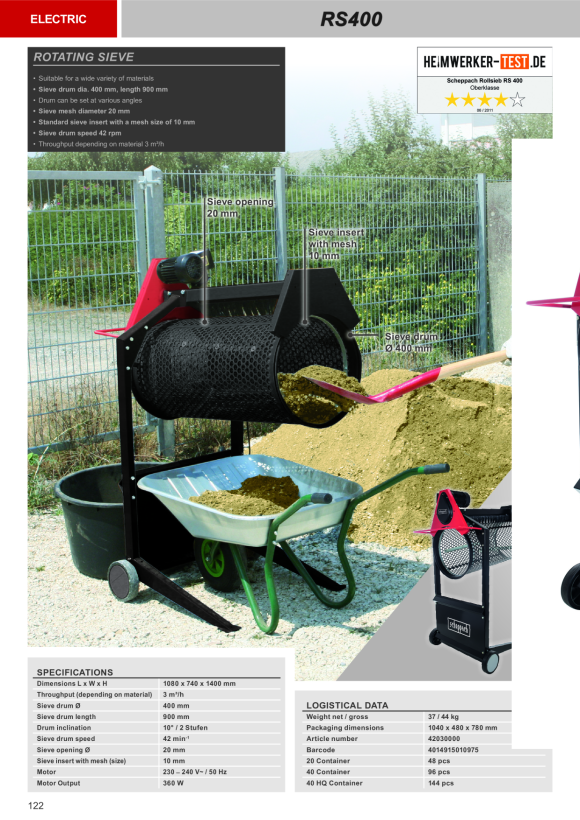 Scheppach 360 W 90 cm Gartenrollsieb inkl. Fahrvorrichtung 42030000