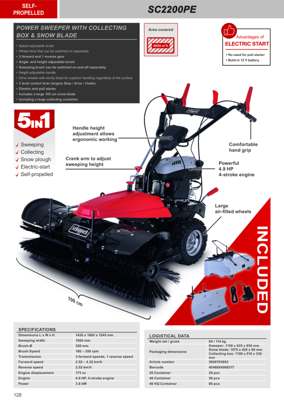 Scheppach 100 cm 4,9 PS Benzin-Kehrmaschine inkl. Sammelbehälter, Elektro-Start, Schneeschild & Auffangbehälter 5908703903