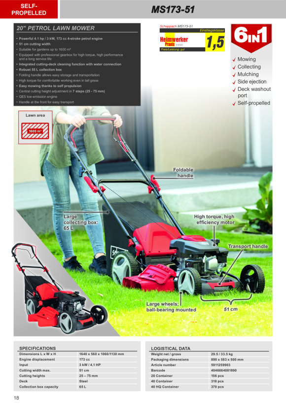 Scheppach 51 cm 173 cc 4,5 PS Benzin-Rasenmäher mit Radantrieb 5911259903