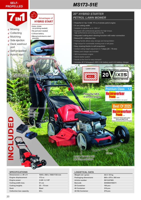Scheppach 52 cm 173 cc 4,5 PS Benzin-Rasenmäher mit Radantrieb & Elektro-Start 5911247905