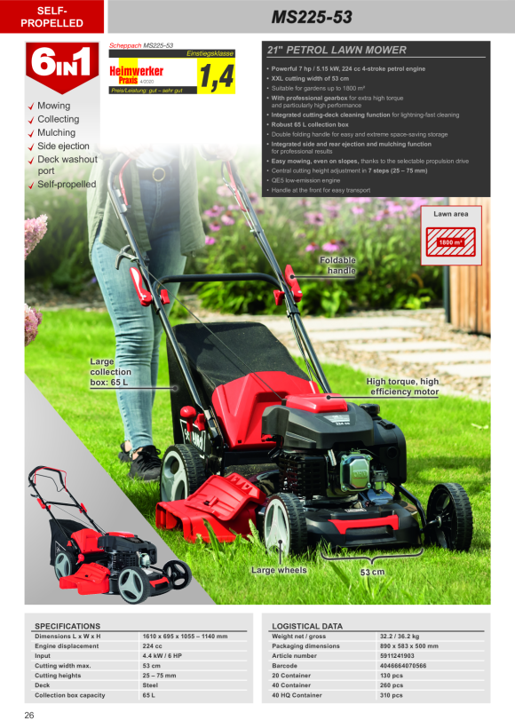 Scheppach 53 cm 224 cc 7 PS Benzin-Rasenmäher mit Radantrieb 5911241903