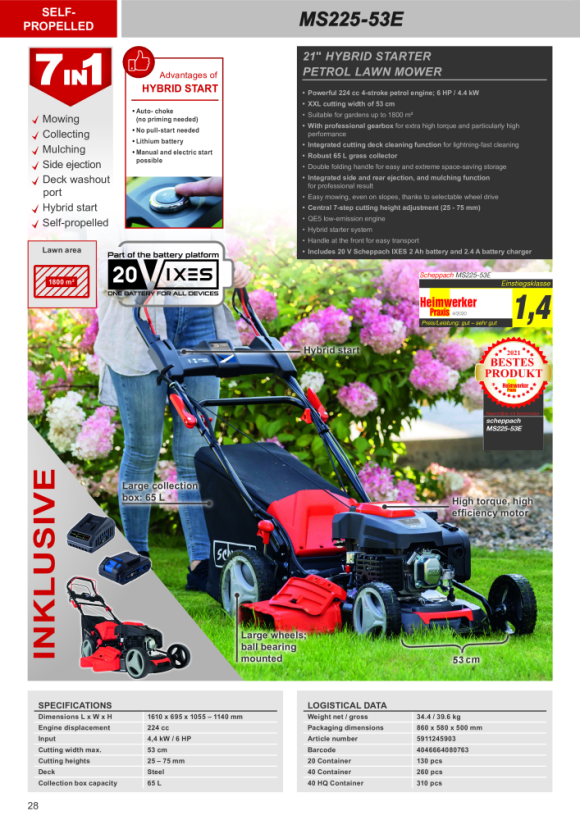 Scheppach 53 cm 224 cc 7 PS Benzin-Rasenmäher mit Radantrieb & Elektro-Start 5911245903