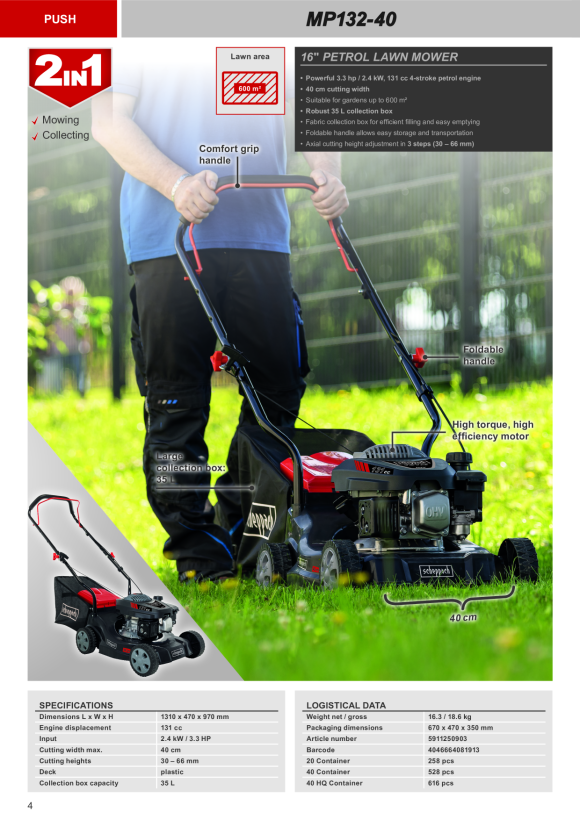 Scheppach 40 cm 131 cc 3,4 PS Benzin-Rasenmäher 5911250903