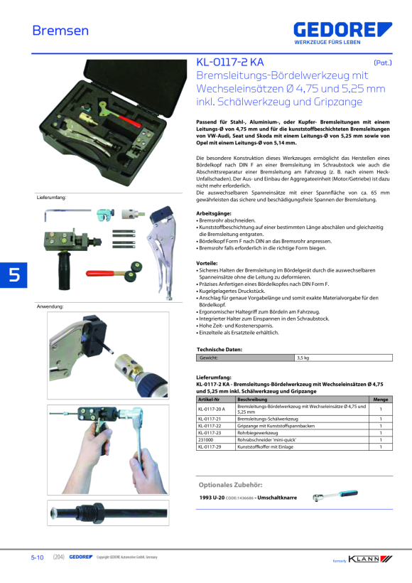 Gedore KLANN BremsleitungsBördelwerkzeug Ø4,75 und Ø5,25 KL011720 A