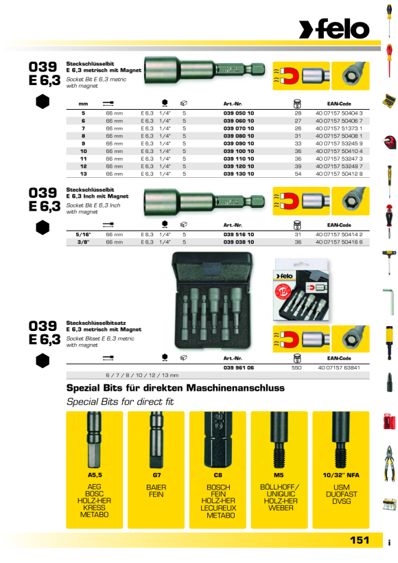 Felo  Bit E 6,3 Steckschlüsselbit, magnetisch SW 8 mm x 66 Box 00003908016
