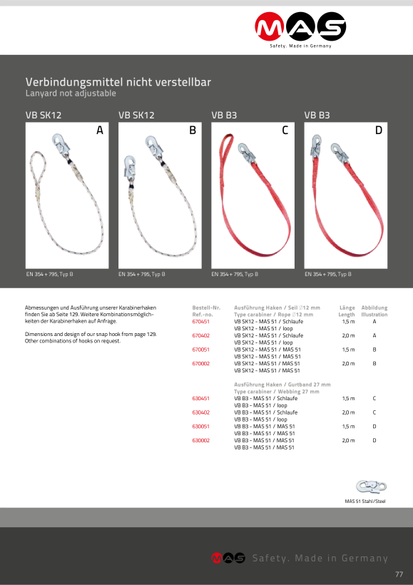 MAS Verbindungsmittel DIN-EN 354, 12 mm Kernmantelseil, 2 m lang Haken MAS 51 + Schlaufe  670402