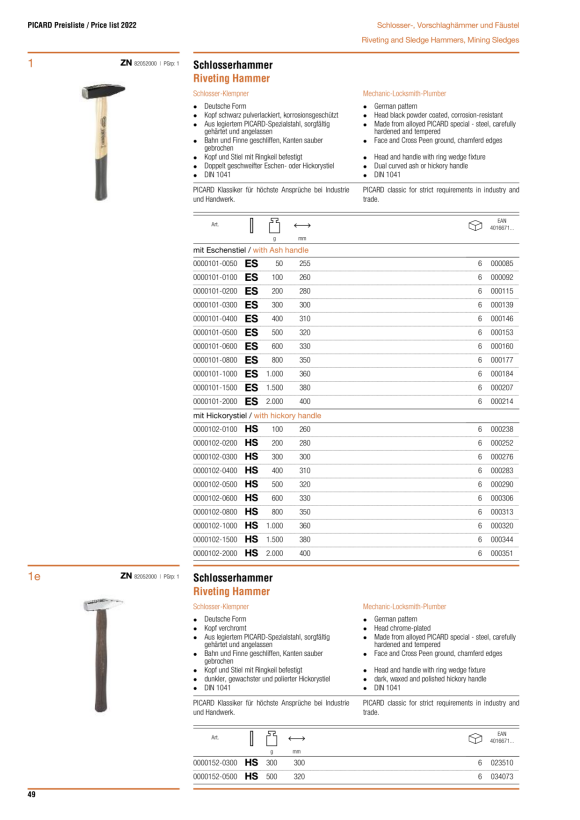 PICARD Schlosserhammer, deutsche Form, HS verchromt 0000152-0300