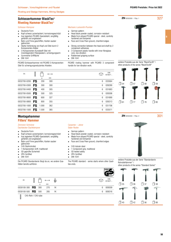 PICARD Schlosserhammer, deutsche Form, HS verchromt 0000152-0300