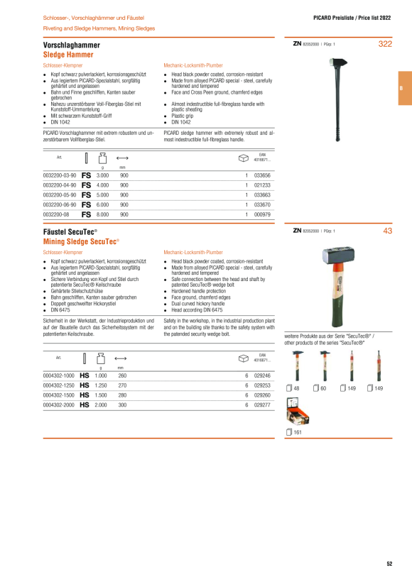 PICARD Vorschlaghammer, mit geradem Stiel, HS  4 kg 0000202-04