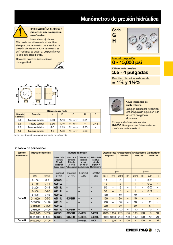 Enerpac  Manometer, 100 mm Schlagfläche, 700 bar H4071L