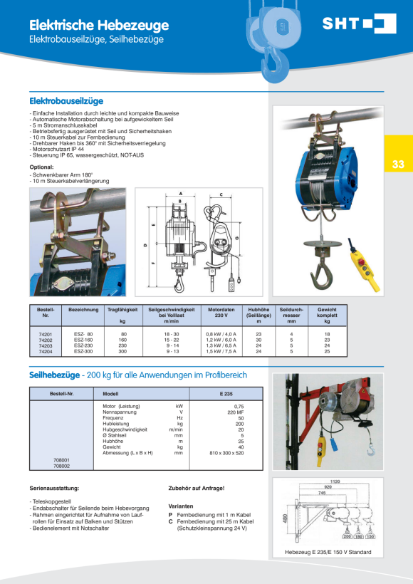 SHT Elektroseilwinde SW - Robust , Last(daN),v(m/min):2000,8 7130207