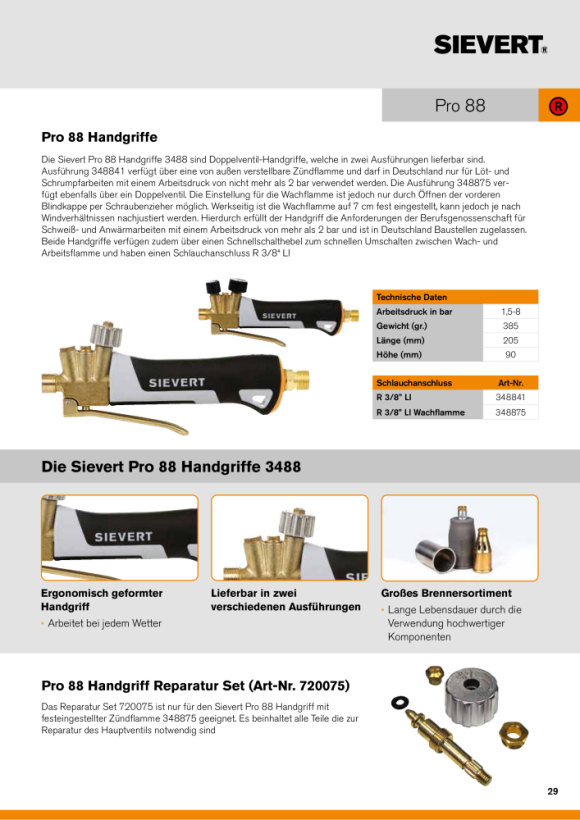 Sievert Ventil Reparatur Set für PRO 88 Handgriff 348875 (Messing) 720075