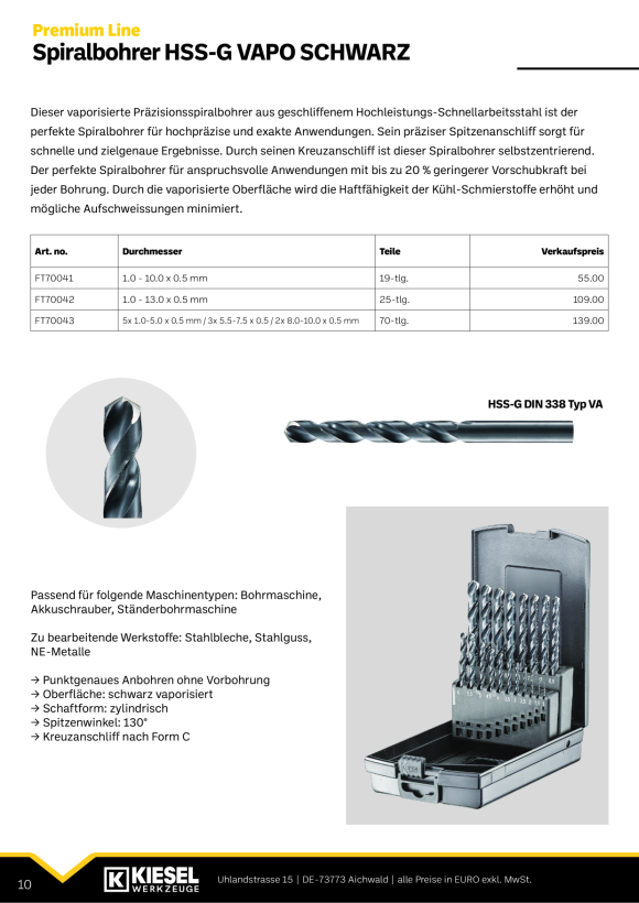 Fortec® Premium Line Spiralbohrerkassette DIN 338 HSS-G Typ VA, 130° FT70043