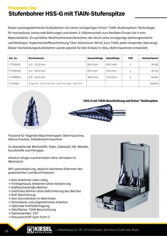 Fortec Stufenbohrersatz, HSS, mit TiAIN Beschichtung und fortec® Stufenspitze FT70010