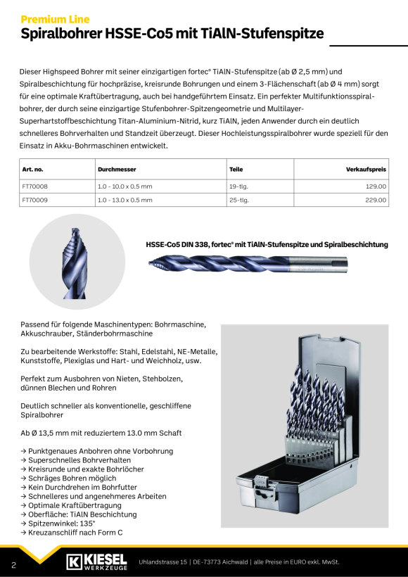 Fortec Spiralbohrer HSSE-Co5 DIN 338 TiAlN 1.5 mm FT705015