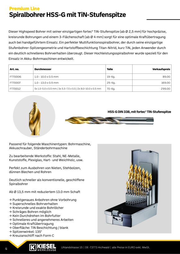 Fortec Spiralbohrer HSS-G DIN 338 TiN 1.5 mm FT704015