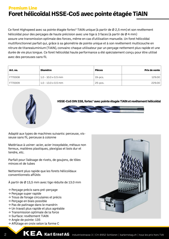 Fortec Spiralbohrer HSSE-Co5 DIN 338 TiAlN 1.0 mm FT705010