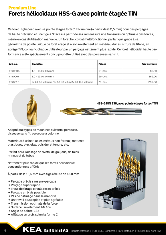 Fortec Spiralbohrer HSS-G DIN 338 TiN 1.0 mm FT704010