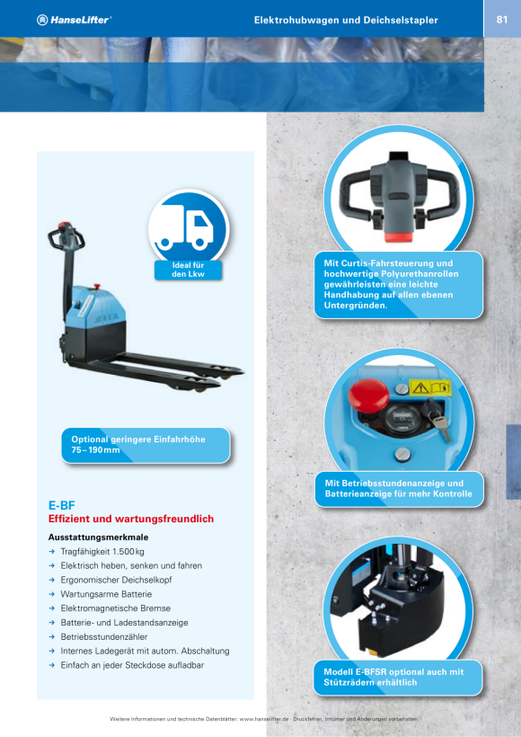 HanseLifter Elektrohubwagen 1,5t, Hubbereich: 75 - 190mm, Single Gabelrollen E-BF75 GE0031027