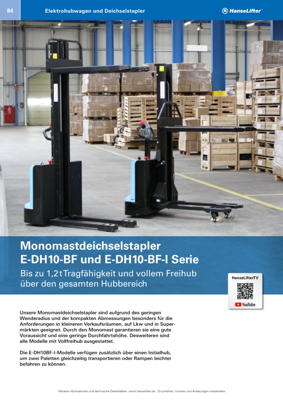 HanseLifter Deichselhochhubwagen 1,0t, Hubbereich: 85 - 1.950mm E-DH1019BF GE0031574
