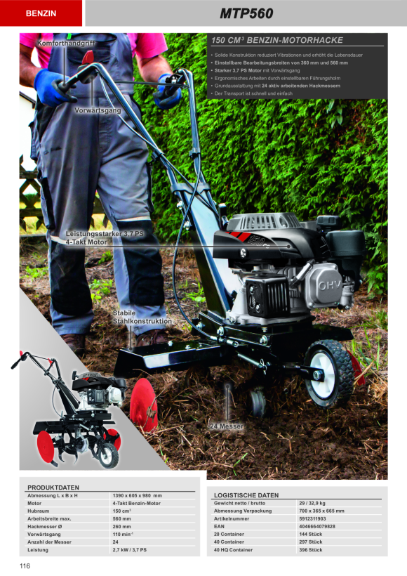Scheppach 56 cm 150cc 3,7 PS 4Takt Benzin-Motorhacke inkl. 24 Messer 5912311903